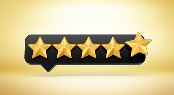 3d五个金色闪亮评级星星符号与黑色聊天图标在金色背景，3d插图图片下载