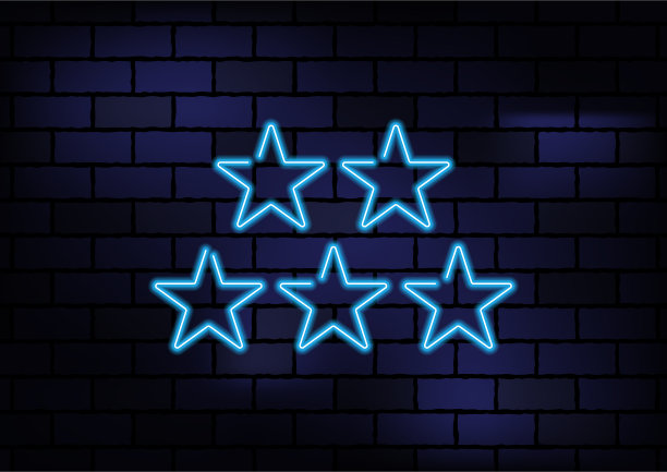 黑色砖墙上的星形蓝色霓虹灯图片下载