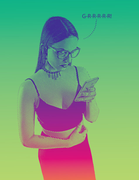 一名年轻女子用智能手机发送愤怒短信。图片下载