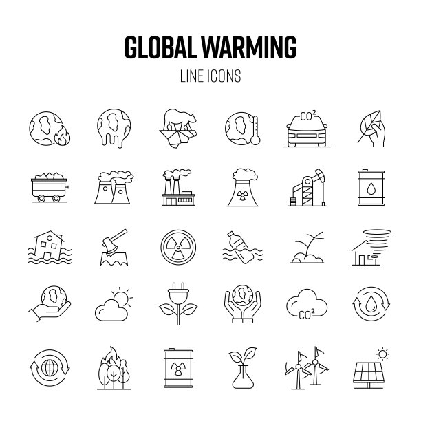 全球变暖线图标集。融化，气候变化，污染，森林砍伐图片下载