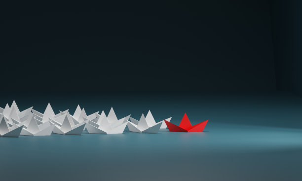 领导理念，红色领航船引领白色领航船，蓝色背景。三维渲染图片下载