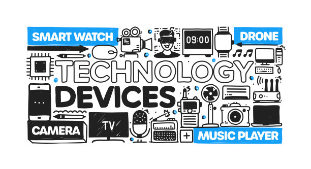 技术设备对象和元素。矢量涂鸦插图收集。手绘图标集或横幅模板图片下载