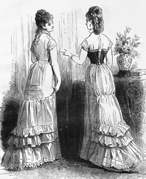 19世纪的时尚，两个年轻模特，后视图图片下载