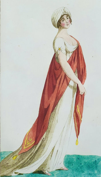 时装模特呈现一种新的米色长裙与红色披肩，1803年图片下载