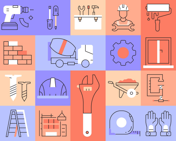 建筑业相关的线条图标。向量符号说明。图片下载