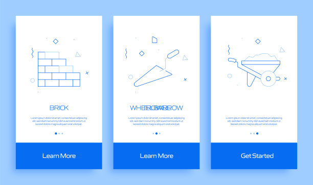 建筑行业概念入职移动应用程序页面屏幕与平面图标。UI设计模板矢量插图图片下载