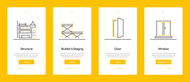 建筑行业概念入职移动应用程序页面屏幕与平面图标。UI设计模板矢量插图图片下载
