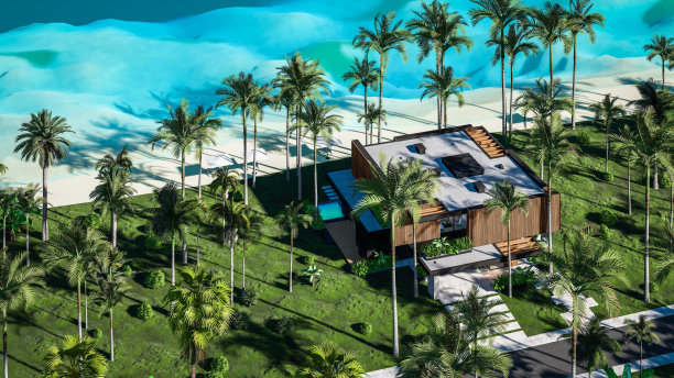 3d渲染现代住宅与木板立面的大海或海洋图片下载