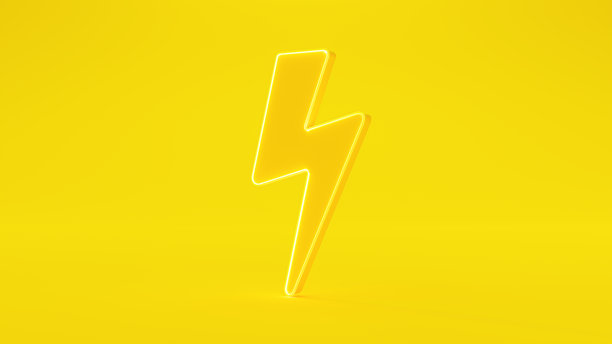 黄色的闪电闪耀在黄色的背景上，简约风格的设计理念。图片下载