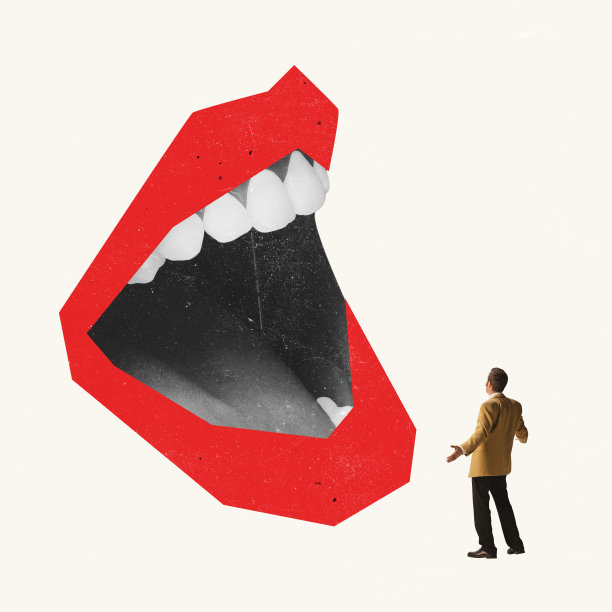 当代艺术拼贴。商人、员工站在巨女面前，与领导协商图片下载