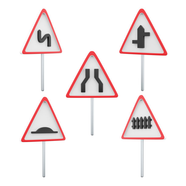 3d渲染铁路列车平交道口，危险转弯与第一左，人工不平，交叉口与第二，道路狭窄的道路标志图标集。3d渲染路标概念图标集图片下载
