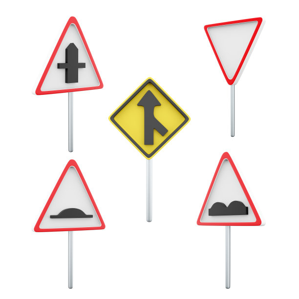 3d渲染让道，路口与次要，人工不平，次要道路路口，粗糙道路标志图标集。3d渲染路标概念图标集图片下载