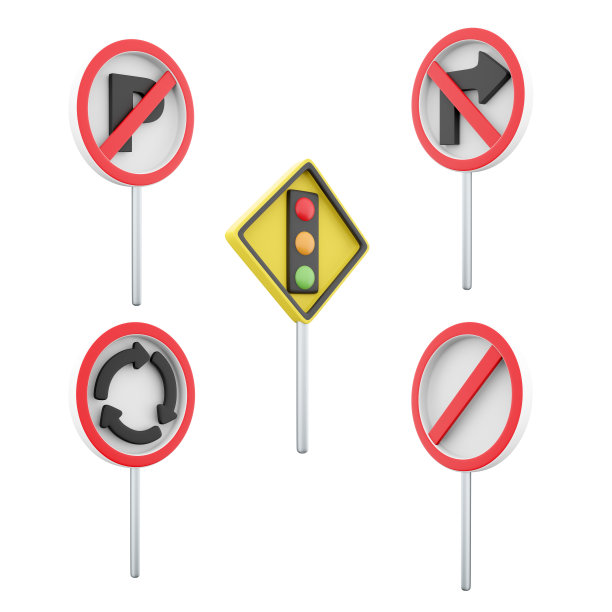 3d渲染禁止停车，禁止停车，红绿灯规定，禁止右转，环岛道路标志图标集。3d渲染路标概念图标集图片下载