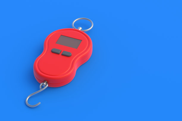 手在蓝色背景上缩放。家用工具。称重设备。测量仪器。副本的空间。三维渲染图片下载