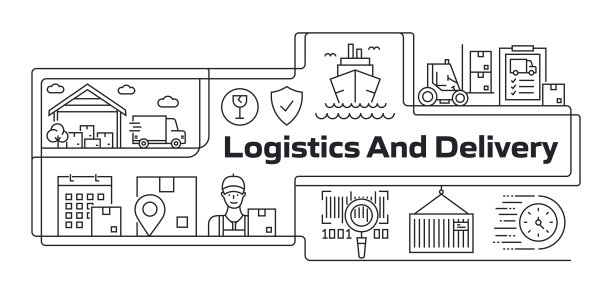 物流和配送现代线旗帜与图标。包装，地址，运输，保险，快递，退货，集装箱，仓库图片下载