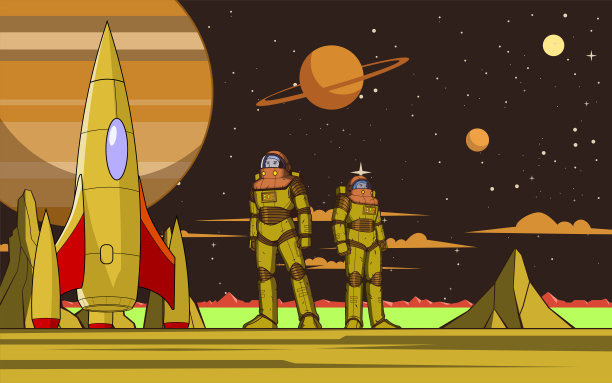 矢量科幻宇航员团队降落在一个新的行星股票插图图片下载