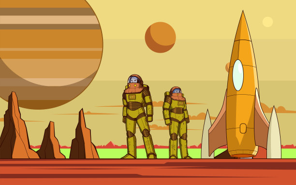 矢量科幻宇航员团队降落在一个新的行星股票插图图片下载