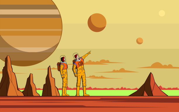 矢量复古宇航员夫妇探索一个新的星球卡通股票插图图片下载