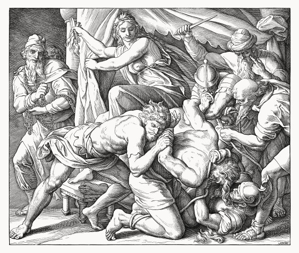 《参孙的垮台》(法官16)，木版画，1860年出版图片下载