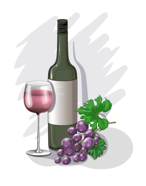 一瓶葡萄酒，一杯玫瑰葡萄酒和一串粉红色的葡萄在卡通风格。仍然生活。灰色背景上的矢量插图。图片下载