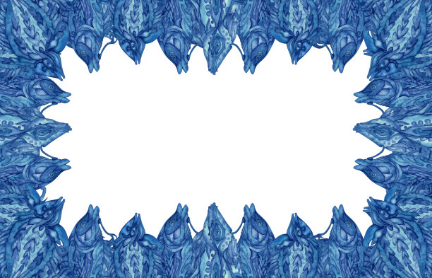 水彩蓝色梦幻框架水下蓝色神奇鱼的邀请函，图案，织物，壁纸，贴纸。元素被隔离在白色背景上图片下载