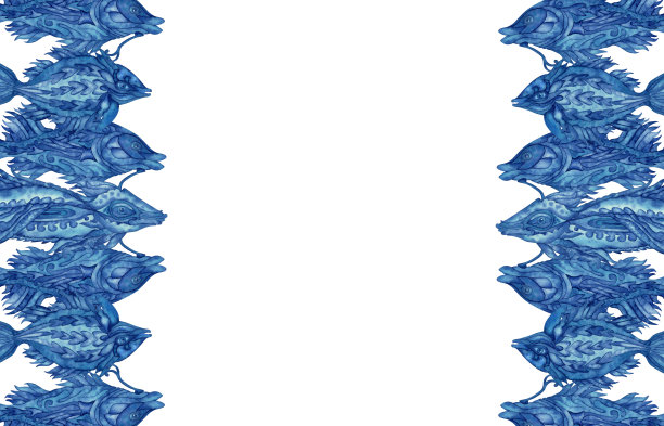 水彩边界的幻想水下蓝色神奇鱼的邀请，图案，织物，壁纸，贴纸。元素被隔离在白色背景上图片下载