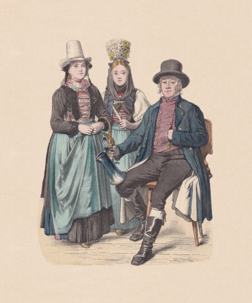 19世纪，德国服饰、巴登、手工着色木刻，大约1880年出版图片下载