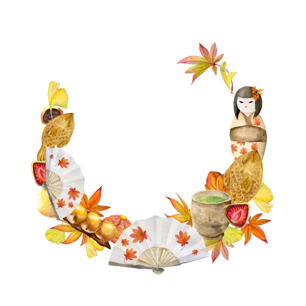 手绘水彩画的日本传统糖果。花环用秋天的叶子、物组成。孤立在白色背景上。设计邀请，餐厅菜单，贺卡，印刷，纺织品图片下载