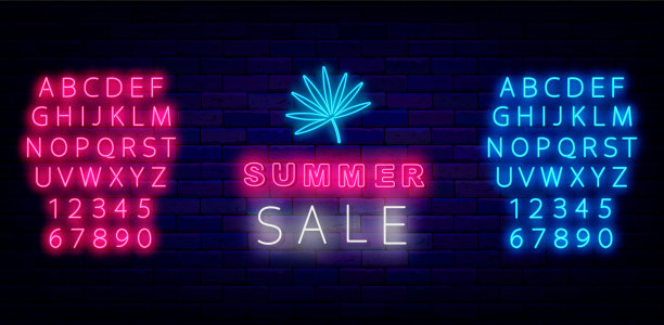 夏季销售霓虹灯招牌与棕榈叶。季特别优惠价。闪亮的字母表。营销广告。矢量图图片下载
