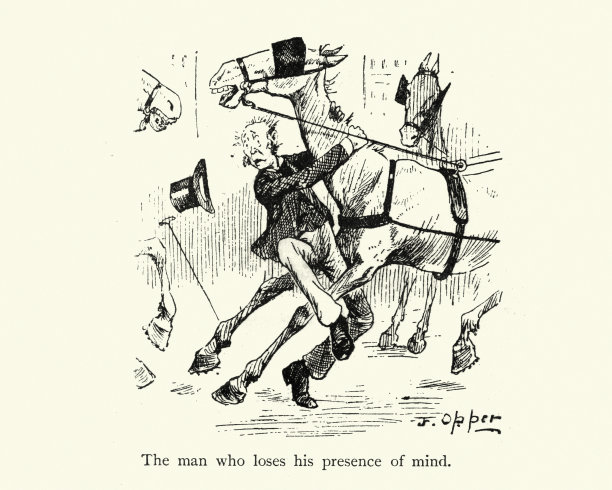 19世纪，维多利亚时代的卡通人物在繁忙的城市街道上惊慌失措图片下载