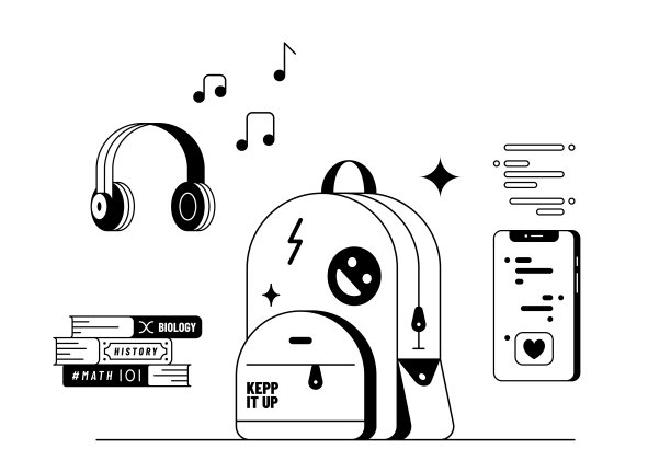 矢量轮廓插图的青少年书包和项目。图片下载