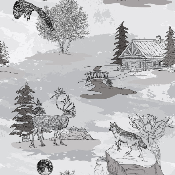 冬季自然与野生动物的织锦无缝图案图片下载