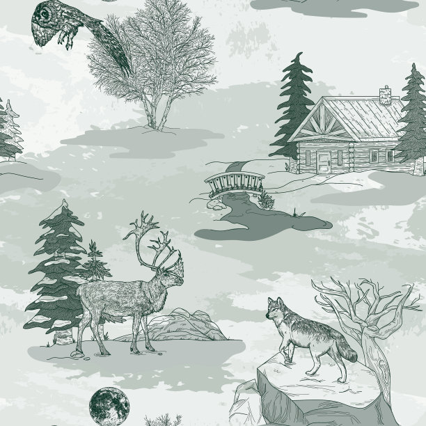 冬季自然与野生动物的织锦无缝图案图片下载