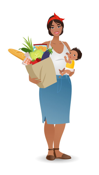 年轻的母亲抱着一个婴儿和一包食物图片下载