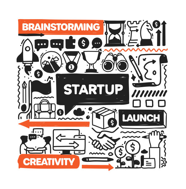 启动对象和元素。矢量涂鸦插图收集。手绘图标集或横幅模板图片下载