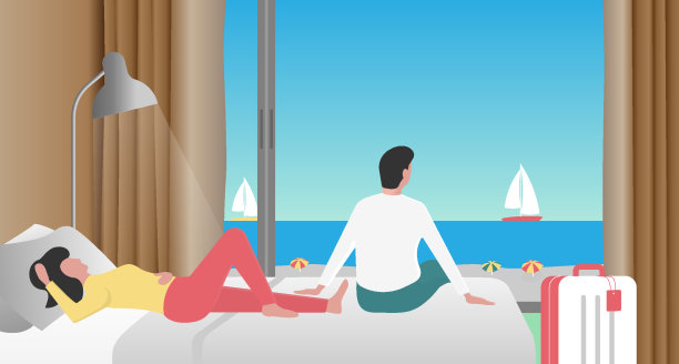 年轻夫妇入住酒店后在卧室休息图片下载