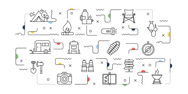 露营和户外相关的矢量横幅设计概念，现代线条风格与图标图片下载