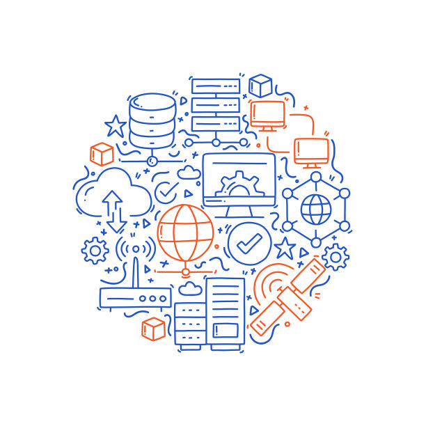 网络技术相关对象和元素。手绘矢量涂鸦插图集合。手绘图案设计图片下载