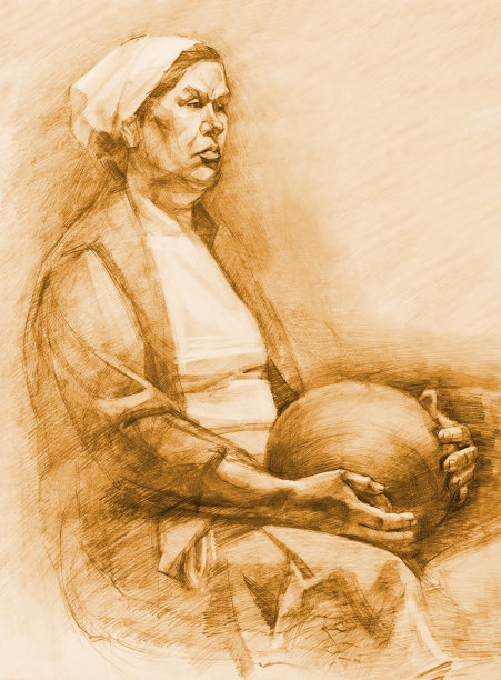 插图铅笔画黑色人物的女人在白色披肩的背景铅笔阴影工作的艺术印象主义图片下载