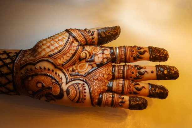 印度婚礼传统上女性手上有马亨迪，女性手上有马亨迪设计的孤立背景。图片下载
