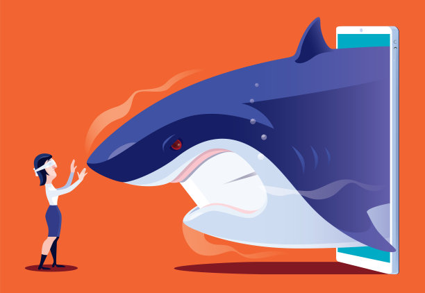 蒙住眼睛的女人用智能手机与愤怒的鲨鱼见面图片下载