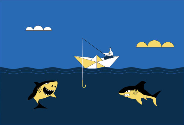 商人坐在纸船上，在海上捕鲨鱼。图片下载
