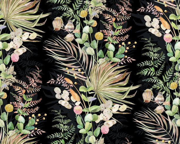 无缝水彩植物图案与热带棕榈叶和草药在波西米亚风格图片下载