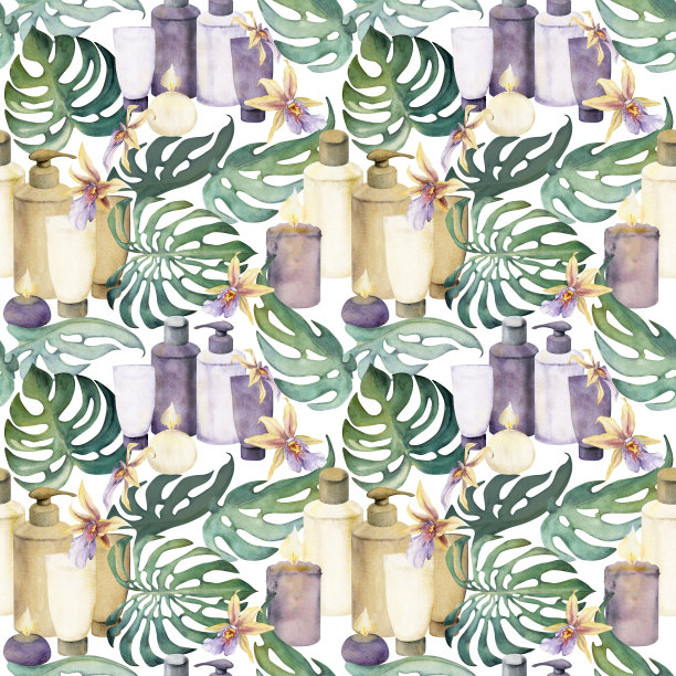 手绘水彩水疗护肤浴美容瓶和蜡烛产品包装。无缝图案隔离在白色背景。用于墙壁艺术，疗养胜地，印刷品，织物，封面，卡片，小册子。图片下载