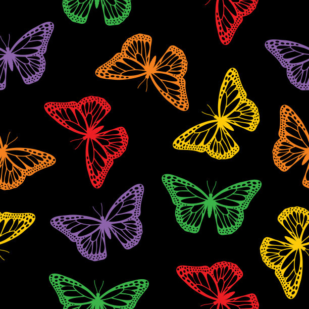 多色蝴蝶黑色背景无缝图案图片下载