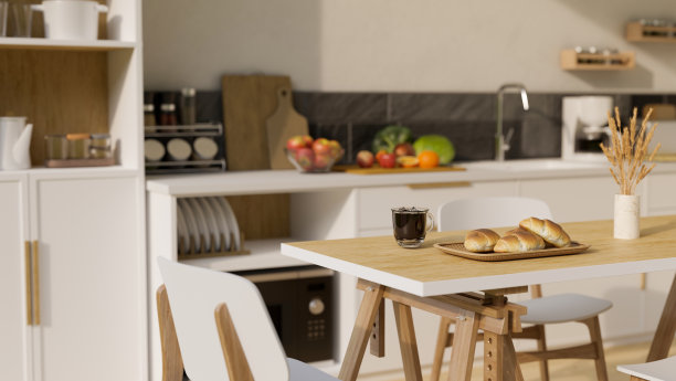 简约的木制餐桌上模糊的现代明亮和干净的厨房烹饪空间图片下载