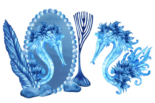 单色水彩插图蓝色幻想海马试帽子和珠宝，看着镜子。用于请柬，图案，织物，墙纸，贴纸，明信片。图片下载