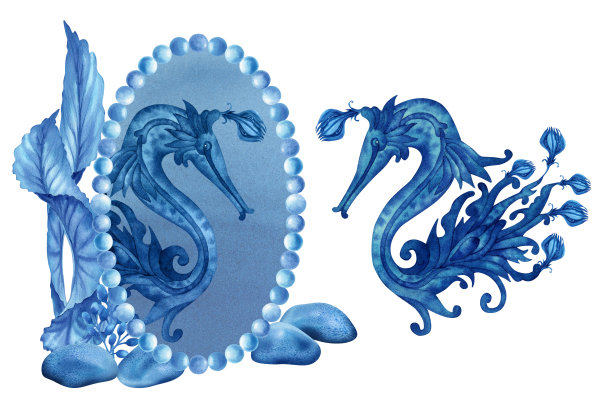 单色水彩插图蓝色幻想海马试帽子和珠宝，看着镜子。用于请柬，图案，织物，墙纸，贴纸，明信片。图片下载