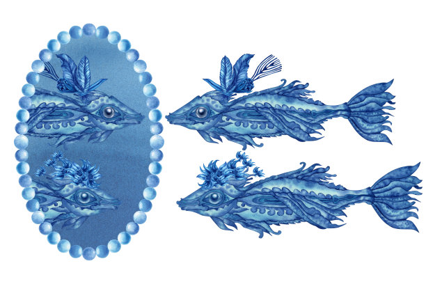 单色水彩画，一条蓝色的神奇鱼试着戴上帽子和珠宝，看着镜子。用于请柬，图案，织物，墙纸，贴纸，明信片。图片下载