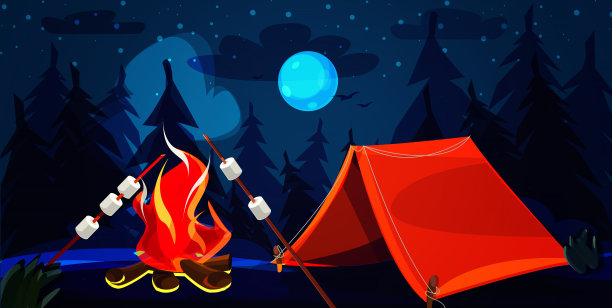 扁平风露营徒步概念：篝火、帐篷与夜 Forest 月夜美景图片下载